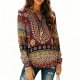 Women's Boho Ethnic Print Tassel Drawstring Long Sleeve Top