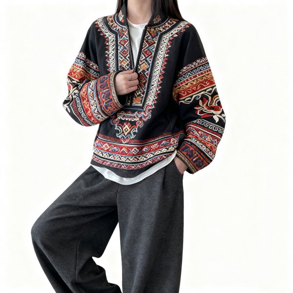 Women's Retro Ethnic Geometric Embroidery Print Half-Zip Pullover