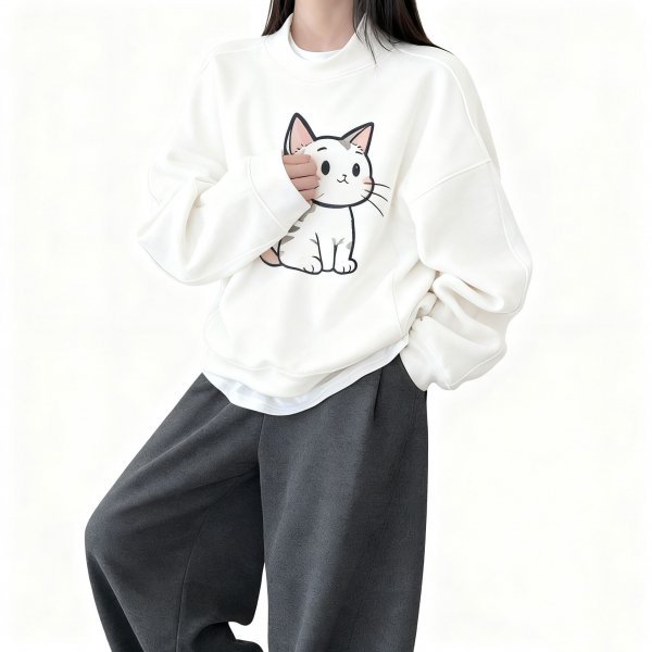 Women's Soft Cartoon Cat Print Crew Neck Pullover