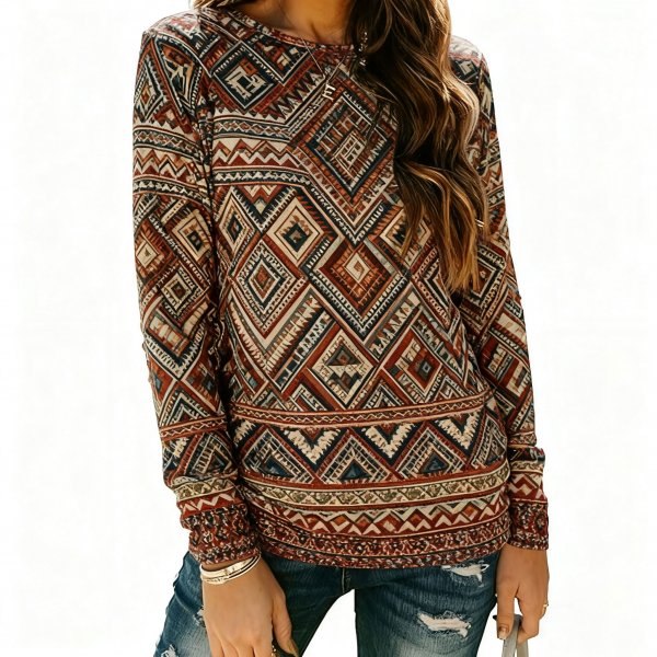 Women's Boho Aztec Geometric Print Long Sleeve Top