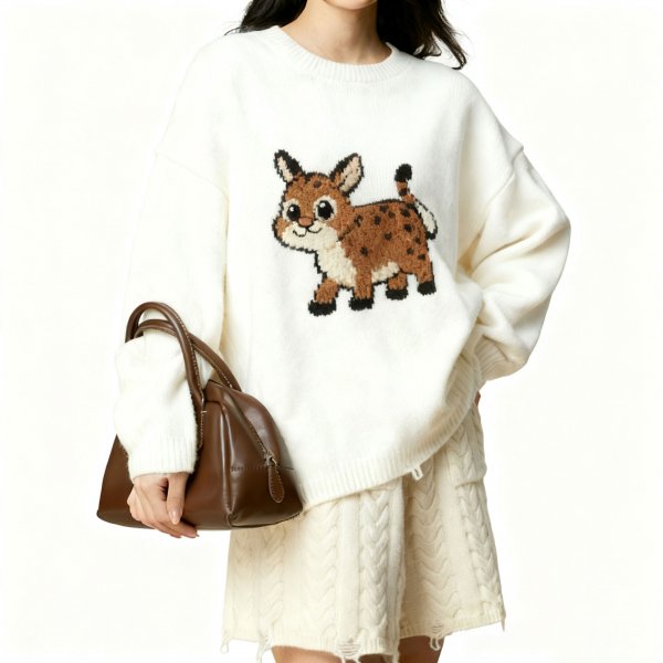 Women's Cartoon Deer Embroidery Knit Sweater