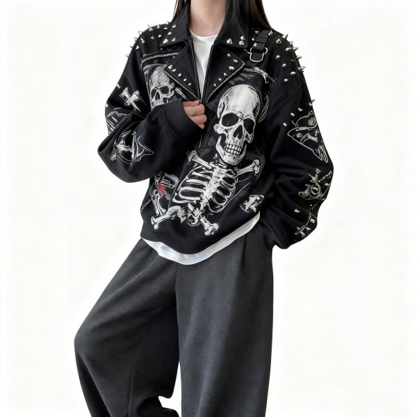 Women's Punk Style Skull & Stud Decor Print Half-Zip Pullover