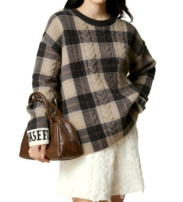 Beige & Black Plaid Cable Knit Oversized Sweater