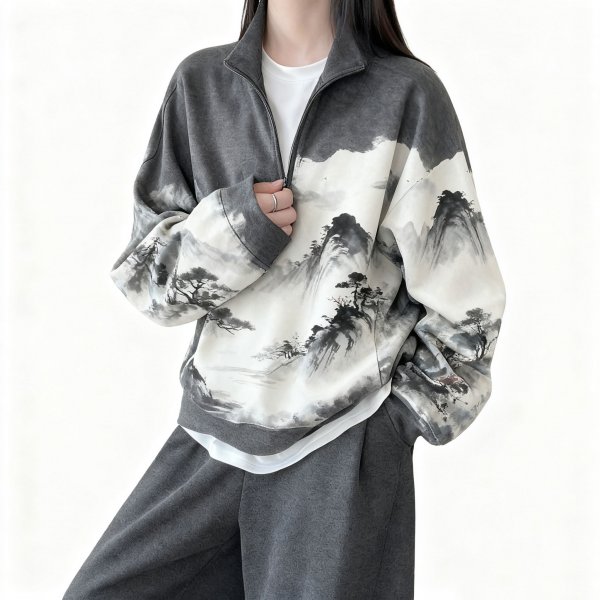Women's Chinese Ink Landscape Print Half-Zip Pullover