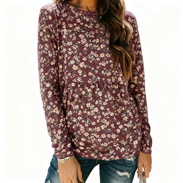 Women's Burgundy Ditsy Floral Peplum Long Sleeve Top
